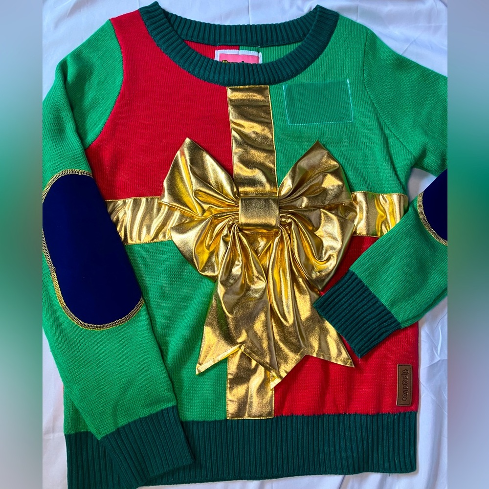Tipsy Elves Ugly Christmas Sweater Women's Size Medium Gold Bow Elbow Pads
